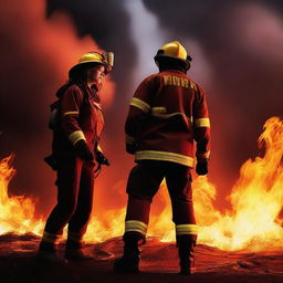 A high-quality digital art image illustrating a dramatic scene where a Caucasian female firefighter stands amidst fire, and a civilian is seen attempting to save her