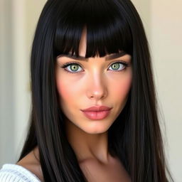 A beautiful woman with long hush cut bangs, featuring jet black hair that is thick, shiny, straight and smooth