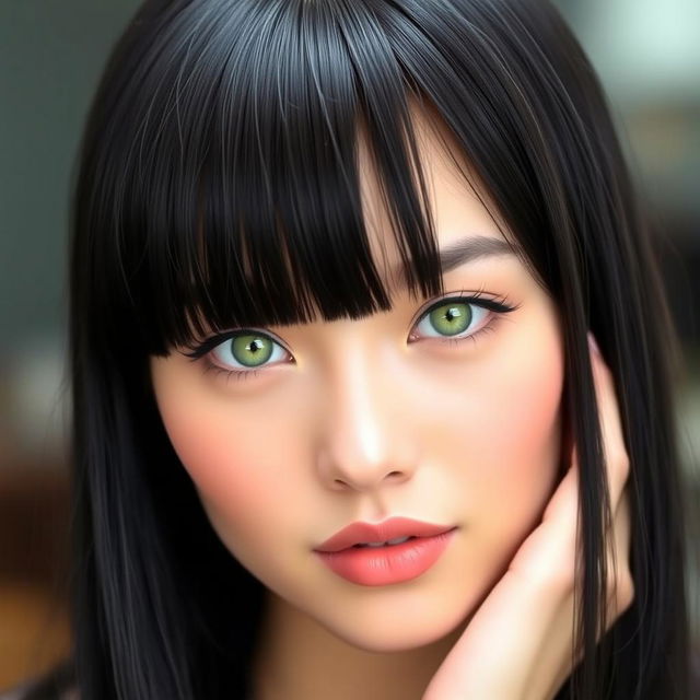 A beautiful woman with long hush cut bangs, featuring jet black hair that is thick, shiny, straight and smooth