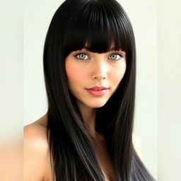 A beautiful woman with long hush cut bangs, featuring jet black hair that is thick, shiny, straight and smooth