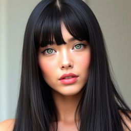 A beautiful woman with long hush cut bangs, featuring jet black hair that is thick, shiny, straight and smooth