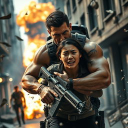 A stunning, intense scene from an action-packed movie, showcasing a daring extraction mission in an urban environment