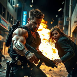 A stunning, intense scene from an action-packed movie, showcasing a daring extraction mission in an urban environment