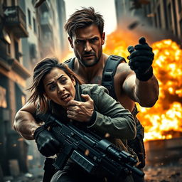 A stunning, intense scene from an action-packed movie, showcasing a daring extraction mission in an urban environment
