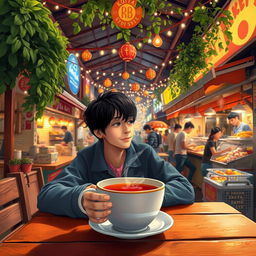 A cozy scene depicting a person enjoying a cup of tea at Koita Kafe, located in a vibrant food street