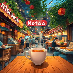 A cozy scene depicting a person enjoying a cup of tea at Koita Kafe, located in a vibrant food street