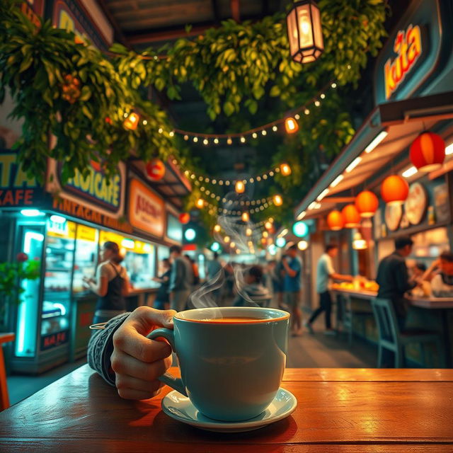 A cozy scene depicting a person enjoying a cup of tea at Koita Kafe, located in a vibrant food street
