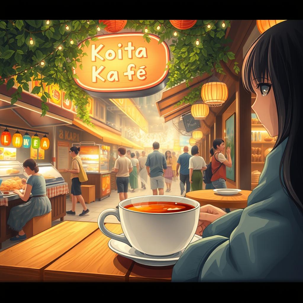 A cozy scene depicting a person enjoying a cup of tea at Koita Kafe, located in a vibrant food street