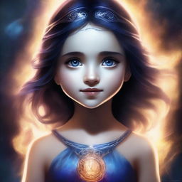 A high-quality digital art image depicts a 6-year-old girl, who is the daughter of Hades from the Percy Jackson series