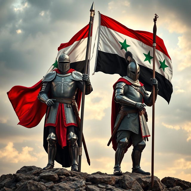 An Iraqi knight proudly holding the Iraqi flag, alongside a Syrian knight carrying the flag of the Syrian Revolution