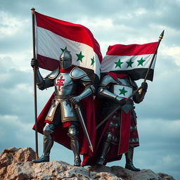 An Iraqi knight proudly holding the Iraqi flag, alongside a Syrian knight carrying the flag of the Syrian Revolution