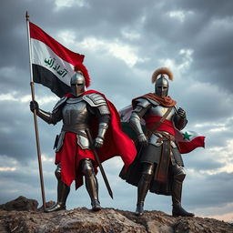 An Iraqi knight proudly holding the Iraqi flag, alongside a Syrian knight carrying the flag of the Syrian Revolution