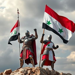 An Iraqi knight proudly holding the Iraqi flag, alongside a Syrian knight carrying the flag of the Syrian Revolution