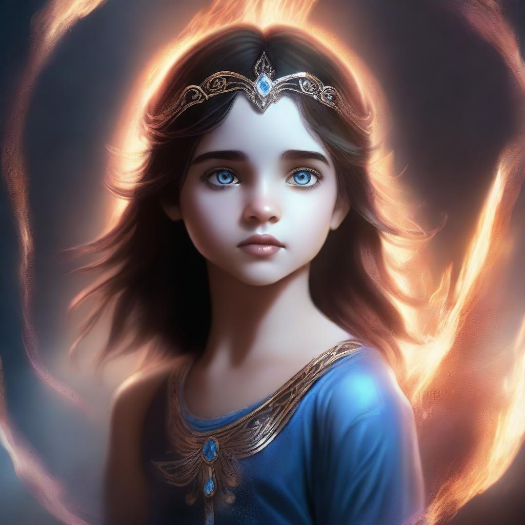 A high-quality digital art image depicts a 6-year-old girl, who is the daughter of Hades from the Percy Jackson series