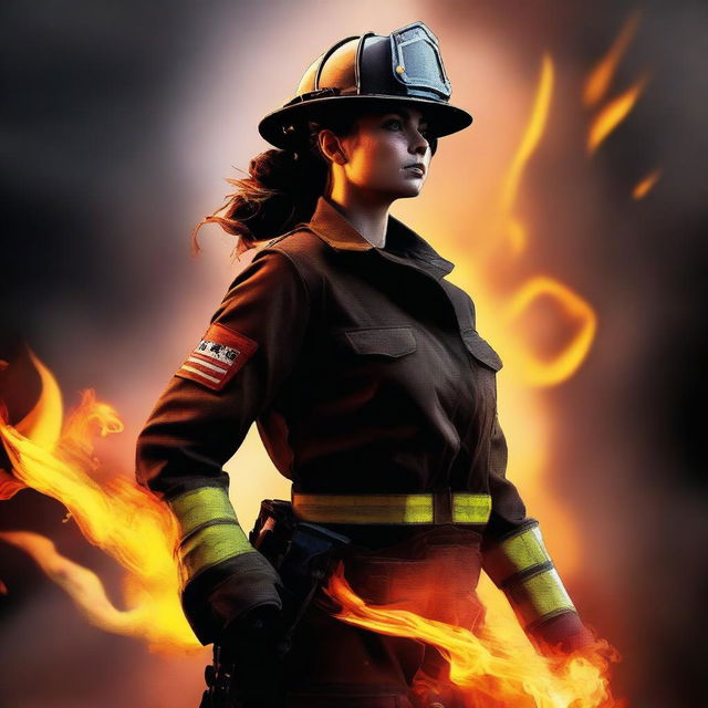 This is a high-quality digital art image of a Caucasian female firefighter with brown hair tied neatly in a bun