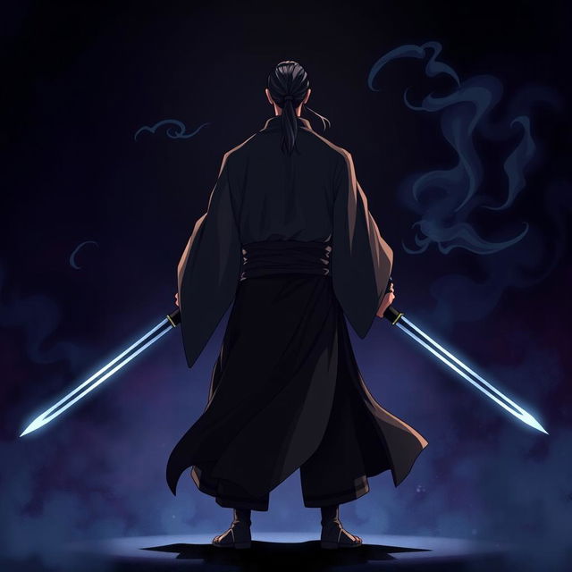 An animated image depicting a strong man standing with his back turned, exuding a mysterious and powerful black aura