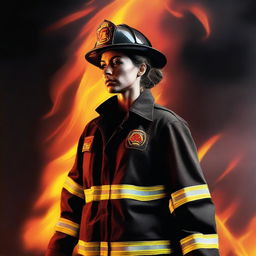 This is a high-quality digital art image of a Caucasian female firefighter with brown hair tied neatly in a bun