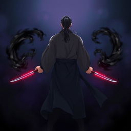 An animated image depicting a strong man standing with his back turned, exuding a mysterious and powerful black aura