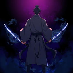 An animated image depicting a strong man standing with his back turned, exuding a mysterious and powerful black aura