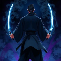 An animated image depicting a strong man standing with his back turned, exuding a mysterious and powerful black aura