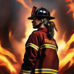 This is a high-quality digital art image of a Caucasian female firefighter with brown hair tied neatly in a bun