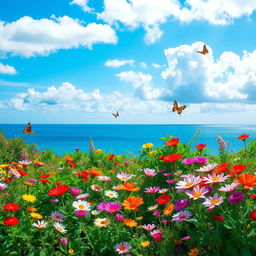 A beautiful landscape with a bright blue sky, fluffy white clouds, and a serene sea reflecting the blue of the sky