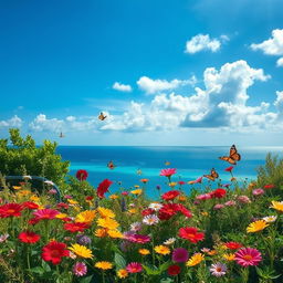 A beautiful landscape with a bright blue sky, fluffy white clouds, and a serene sea reflecting the blue of the sky