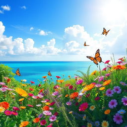 A beautiful landscape with a bright blue sky, fluffy white clouds, and a serene sea reflecting the blue of the sky