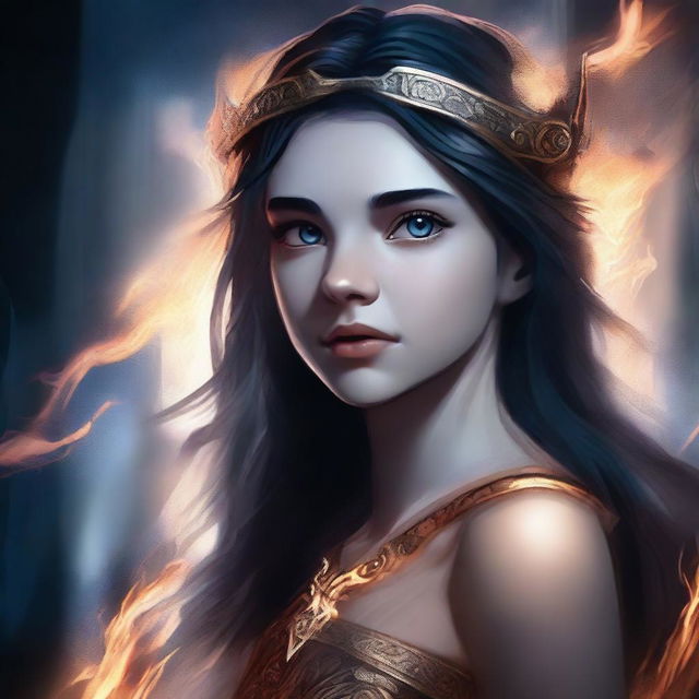 A high-quality digital art image portrays a 14-year-old girl, the daughter of Hades from the Percy Jackson series