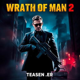 A captivating teaser poster for "Wrath of Man 2" set in a gritty urban environment, featuring a protagonist in a dark suit and sunglasses, holding a high-tech weapon
