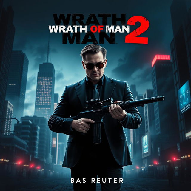 A captivating teaser poster for "Wrath of Man 2" set in a gritty urban environment, featuring a protagonist in a dark suit and sunglasses, holding a high-tech weapon