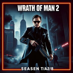 A captivating teaser poster for "Wrath of Man 2" set in a gritty urban environment, featuring a protagonist in a dark suit and sunglasses, holding a high-tech weapon