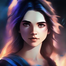 A high-quality digital art image portrays a 14-year-old girl, the daughter of Hades from the Percy Jackson series