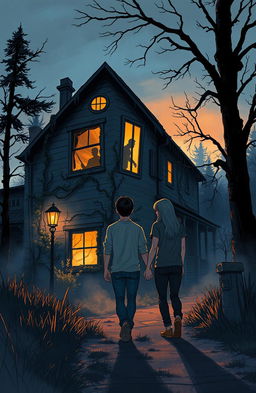 An illustration depicting two friends walking towards a mysterious old house in a rarely visited corner of town at dusk