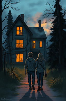 An illustration depicting two friends walking towards a mysterious old house in a rarely visited corner of town at dusk