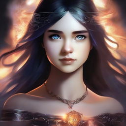 A high-quality digital art image portrays a 14-year-old girl, the daughter of Hades from the Percy Jackson series