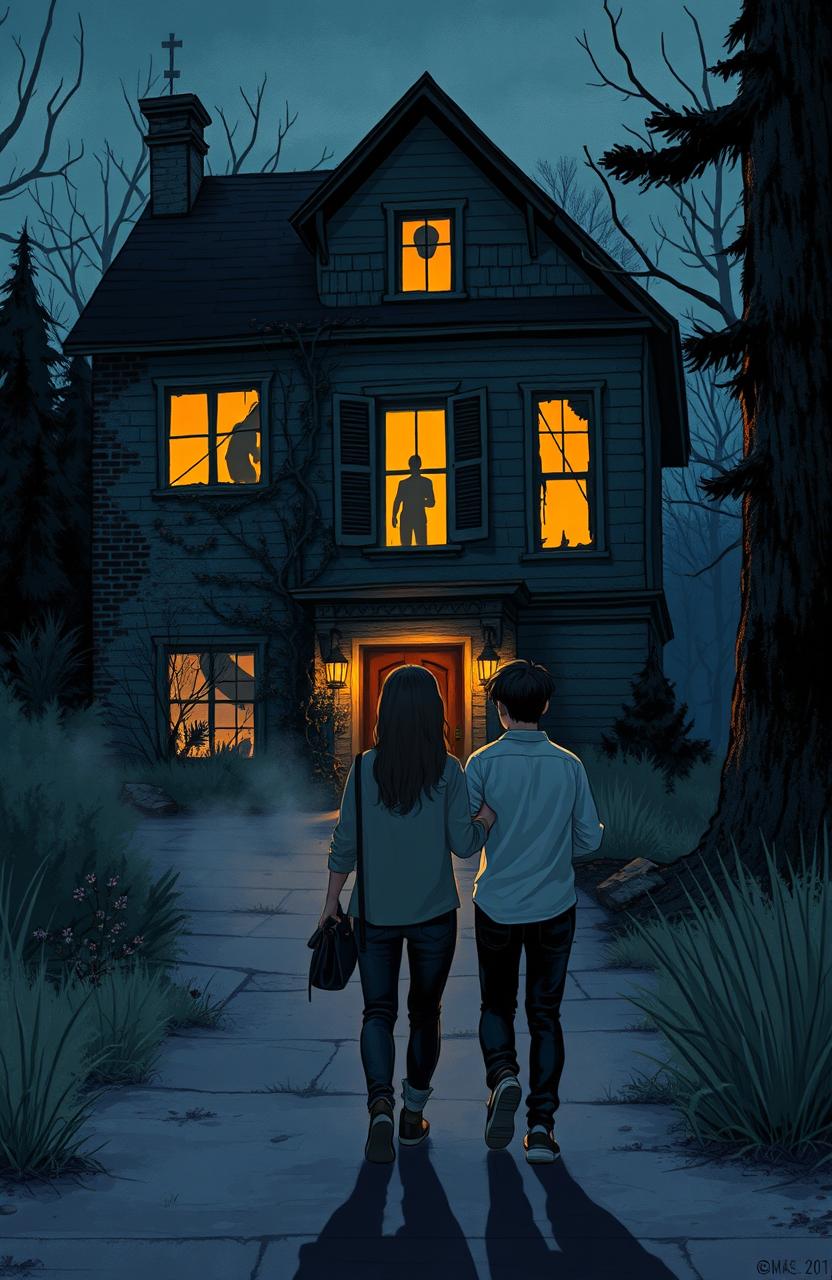 An illustration depicting two friends walking towards a mysterious old house in a rarely visited corner of town at dusk