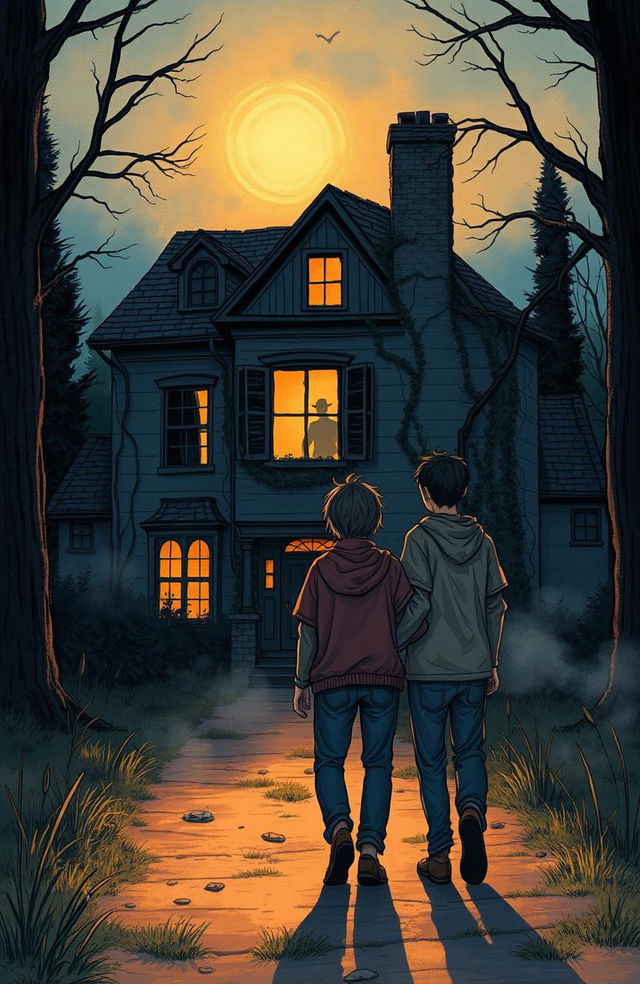 An illustration depicting two friends walking towards a mysterious old house in a rarely visited corner of town at dusk