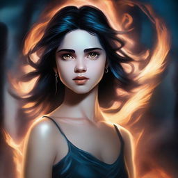 A high-quality digital art image portrays a 14-year-old girl, the daughter of Hades from the Percy Jackson series