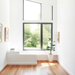 A clean, bright interior of a modern white house wall, showcasing a minimalist design with large windows allowing natural light to flood the room