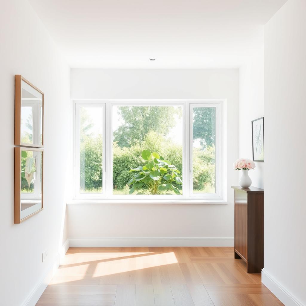 A clean, bright interior of a modern white house wall, showcasing a minimalist design with large windows allowing natural light to flood the room