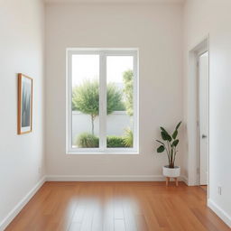 A clean, bright interior of a modern white house wall, showcasing a minimalist design with large windows allowing natural light to flood the room