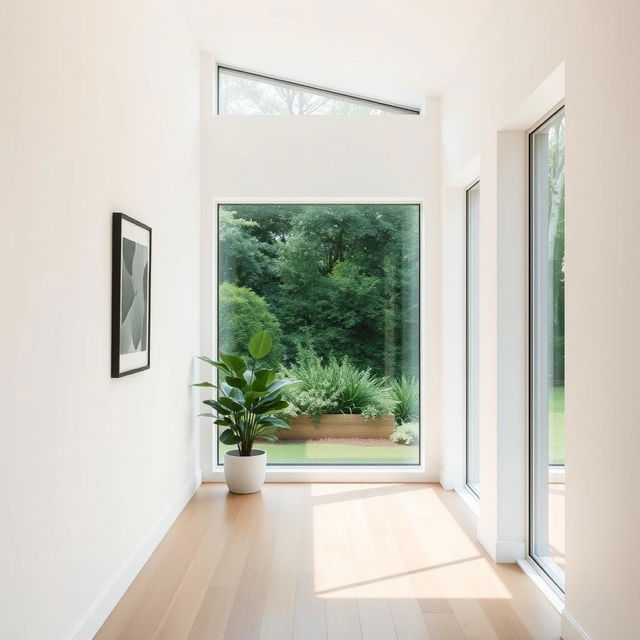 A clean, bright interior of a modern white house wall, showcasing a minimalist design with large windows allowing natural light to flood the room