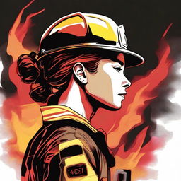 This is a colored sketch of a Caucasian female firefighter with brown hair neatly tied in a bun