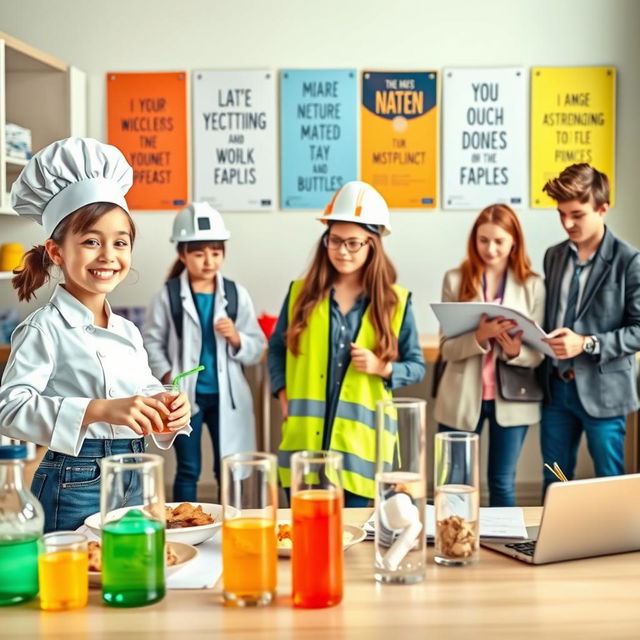 A vibrant and dynamic scene depicting teenagers engaged in various professions