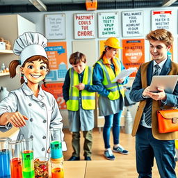 A vibrant and dynamic scene depicting teenagers engaged in various professions