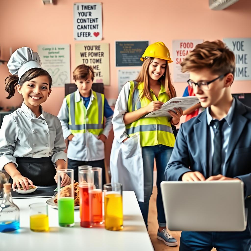 A vibrant and dynamic scene depicting teenagers engaged in various professions