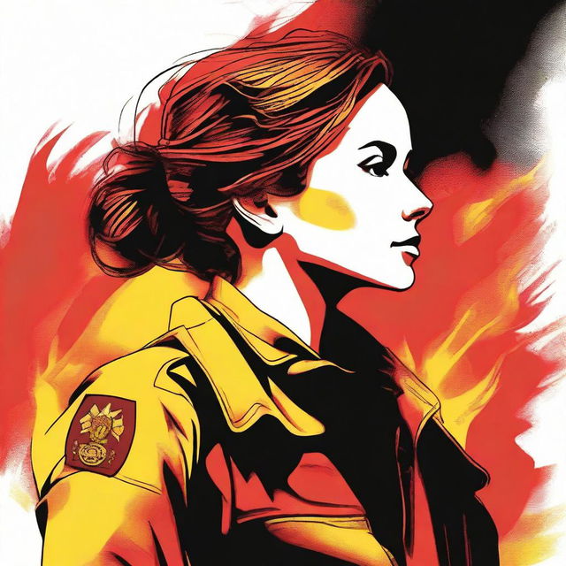 This is a colored sketch of a Caucasian female firefighter with brown hair neatly tied in a bun