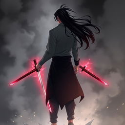 An animated image of a man standing with his back facing the viewer, showcasing a powerful black aura surrounding him