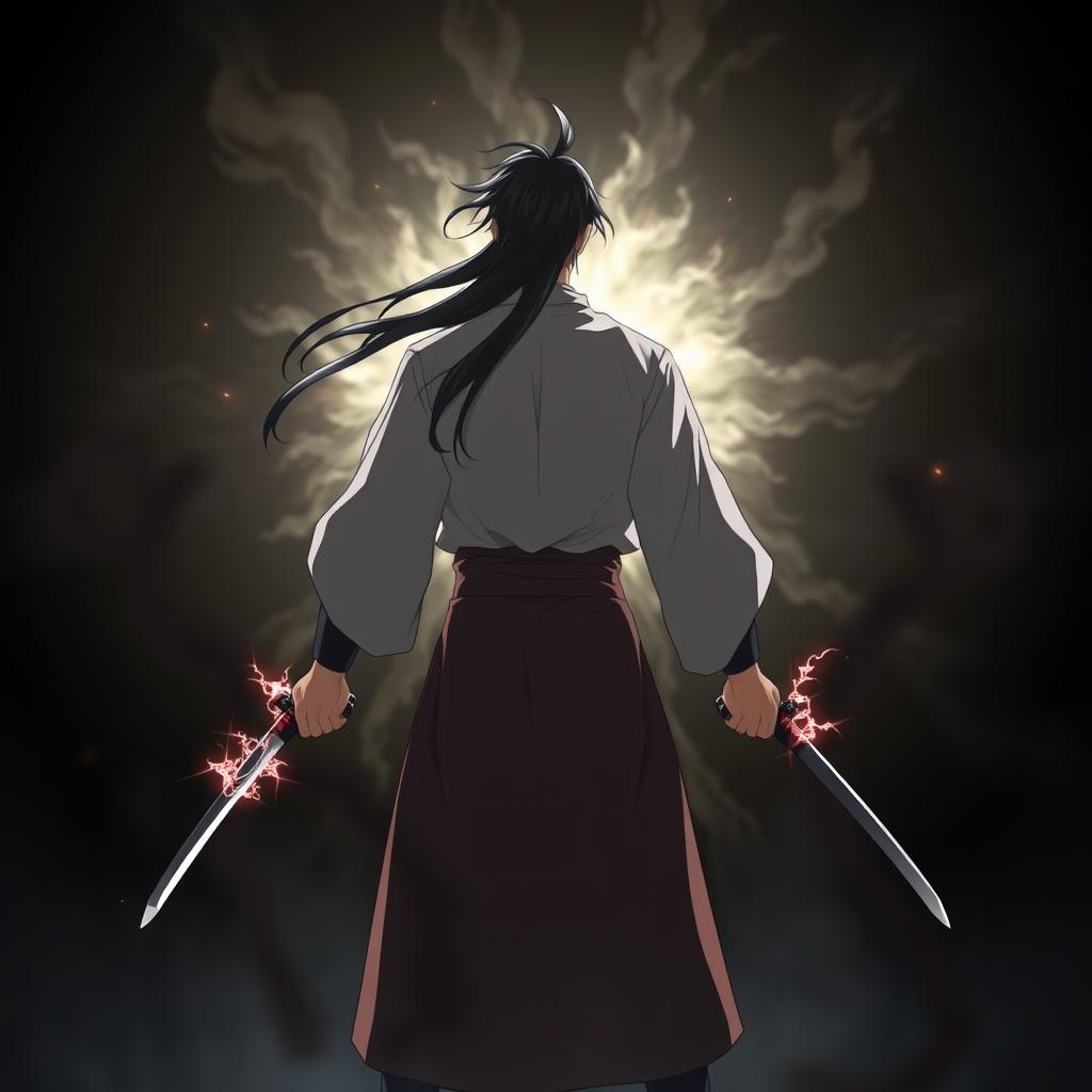 An animated image of a man standing with his back facing the viewer, showcasing a powerful black aura surrounding him